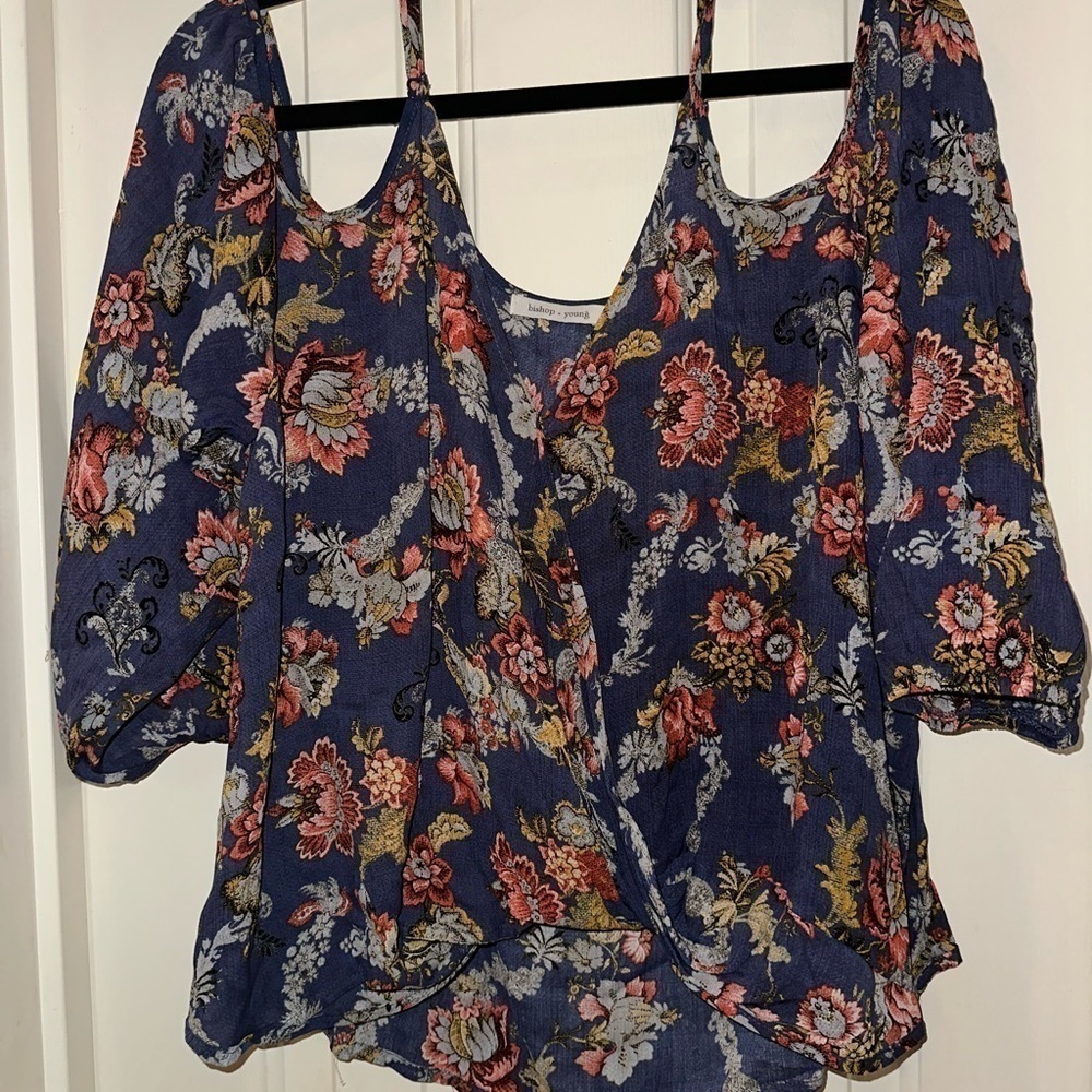 BISHOP + YOUNG BLUE ROMANTIC FLORAL BOHO COLD SHOULDER BLOUSE WOMEN'S SZ L - Picture 3 of 10
